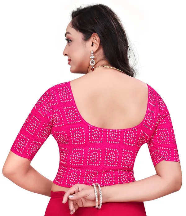 Pink_Bandhani_Print_Sequin_Elbow_Sleeve_Saree_Blouse_For_Women