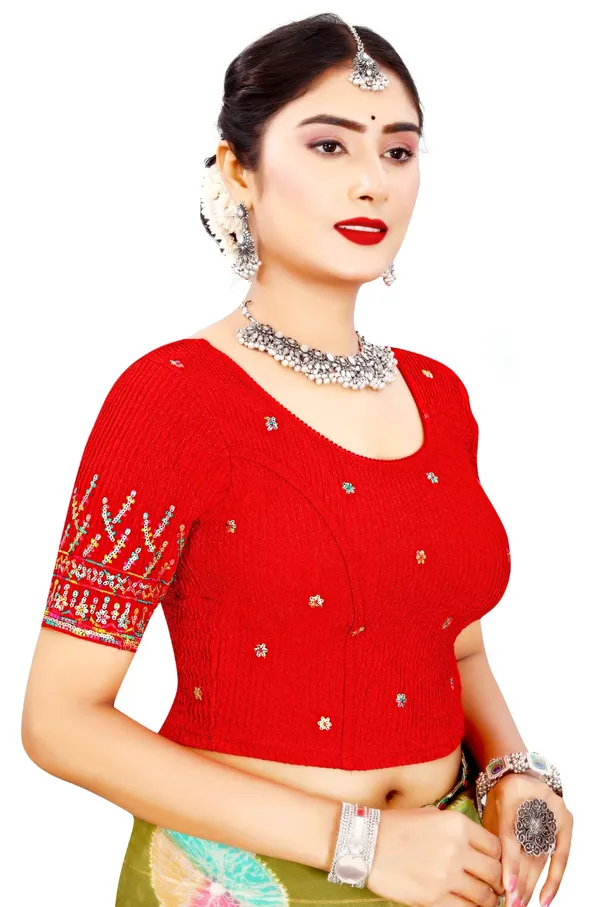 Red_Cotton_Embroidered_Mirror_Work_Round_Neck_Saree_Blouse_For_Women