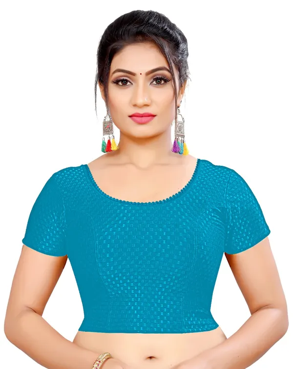 Blue_Stretch_Knit_Round_Neck_Short_Sleeve_Fitted_Saree_Blouse_For_Women
