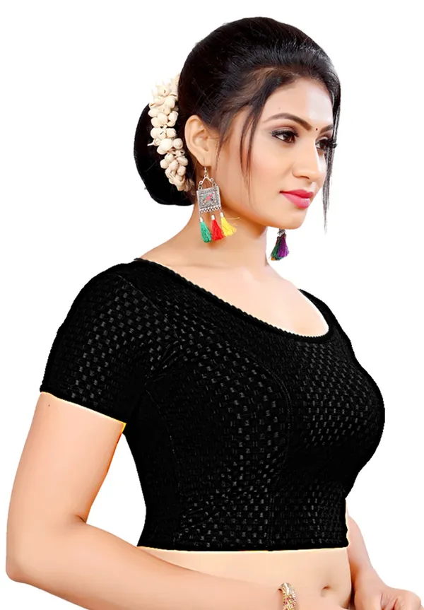 Black_Cotton_Textured_Round_Neck_Short_Sleeve_Saree_Blouse_For_Women