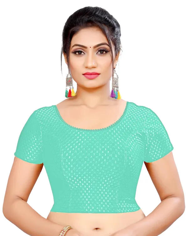 Sea_Green_Textured_Stretch_Round_Neck_Short_Sleeve_Saree_Blouse_For_Women