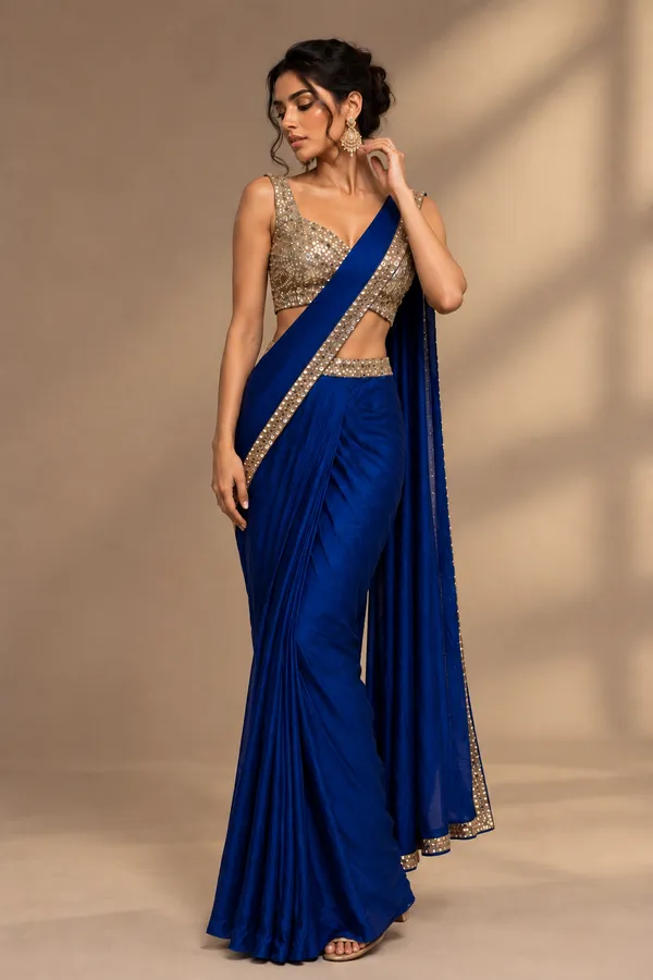 Saree:_Royal/cobalt_blue,_fluid_drape_with_fine_pleating
