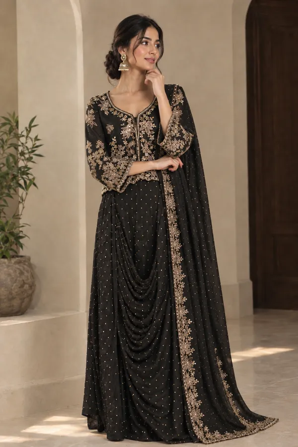 Black_Floral_Embroidered_Draped_Anarkali_/_Sharara_Set