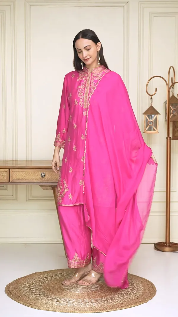 Fuchsia_Pink_Gold_Embroidered_Straight_Kurta,_Palazzo_Pants_and_Dupatta_Set