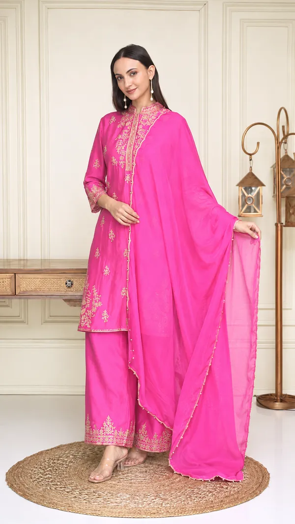 Fuchsia_Pink_Gold_Embroidered_Straight_Kurta,_Palazzo_Pants_and_Dupatta_Set
