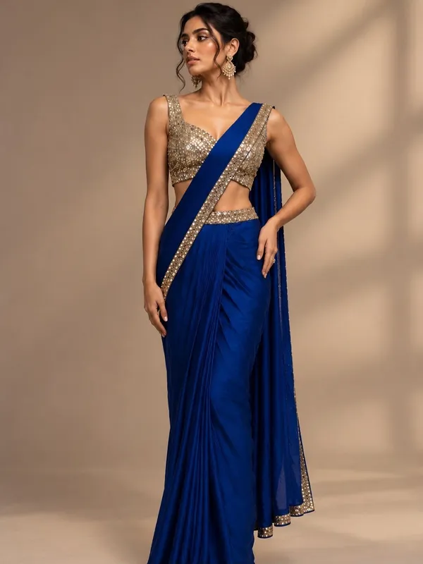 Saree:_Royal/cobalt_blue,_fluid_drape_with_fine_pleating