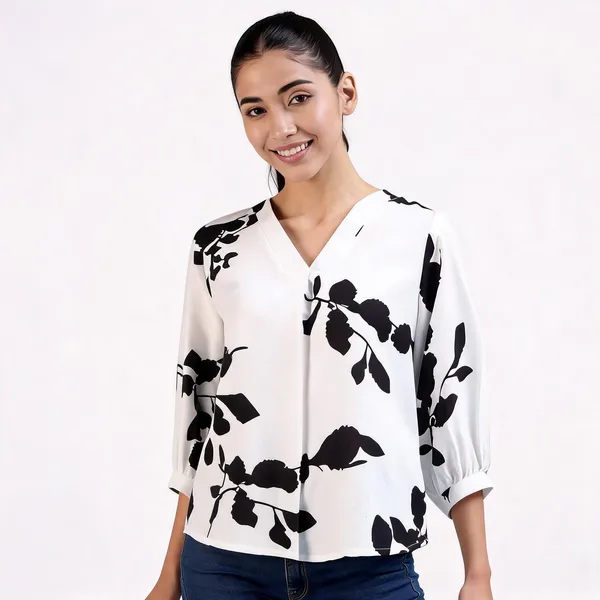 White_Cotton_Rayon_Floral_Print_V_Neck_Three_Quarter_Sleeve_Top_For_Women