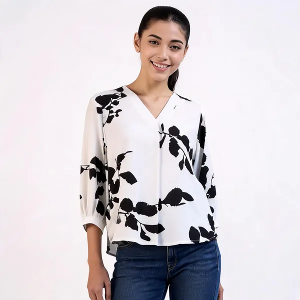 White_Cotton_Rayon_Floral_Print_V_Neck_Three_Quarter_Sleeve_Top_For_Women