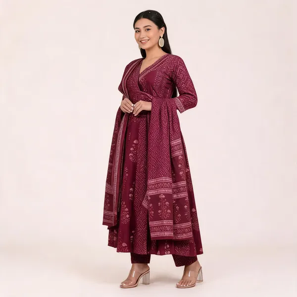 Maroon_Cotton_Rayon_Printed_Anarkali_Kurta_Set_For_Women