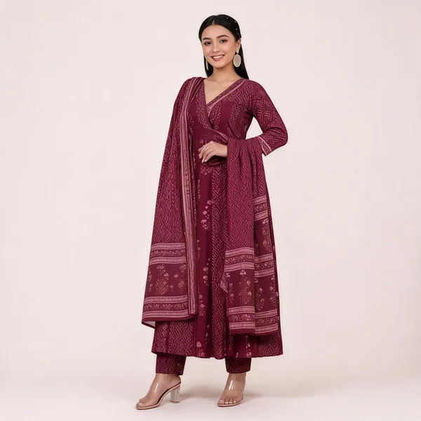 Maroon_Cotton_Rayon_Printed_Anarkali_Kurta_Set_For_Women