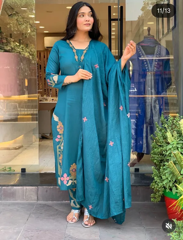 Teal_Cotton_Rayon_Embroidered_Straight_Kurta_Set_With_Dupatta_For_Women