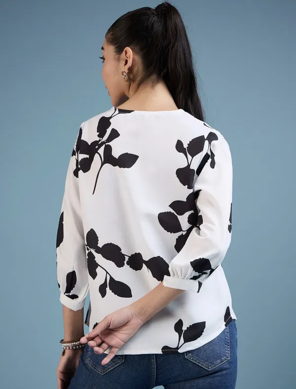 White_Cotton_Rayon_Floral_Print_V_Neck_Three_Quarter_Sleeve_Top_For_Women