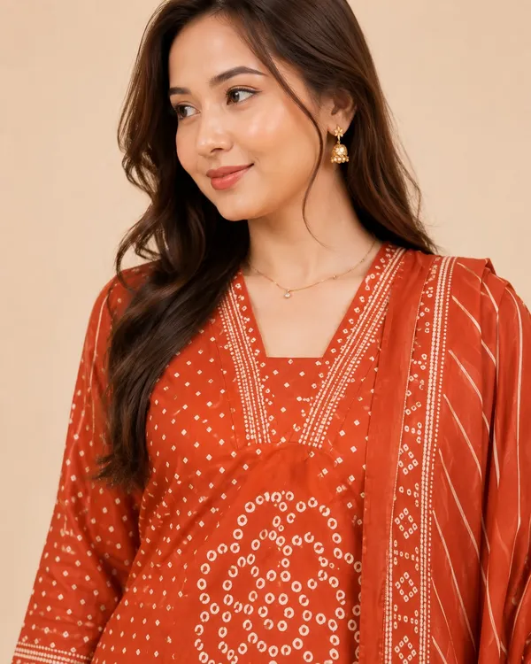 Orange_Cotton_Rayon_Bandhani_Print_Kurta_Palazzo_Set_With_Dupatta_For_Women