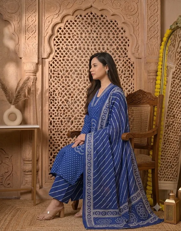 Blue_Cotton_Rayon_Bandhani_Print_Kurta_Palazzo_Set_With_Dupatta_For_Women