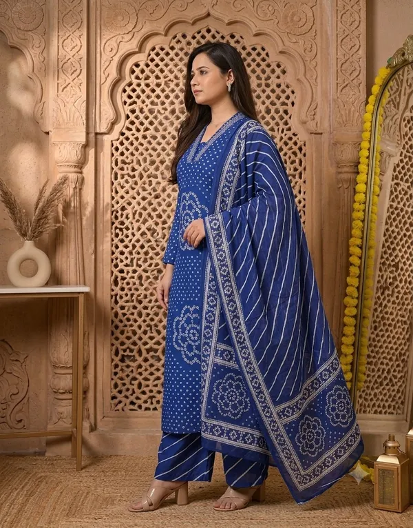 Blue_Cotton_Rayon_Bandhani_Print_Kurta_Palazzo_Set_With_Dupatta_For_Women