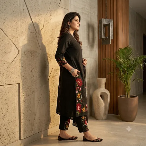 Black_Cotton_Rayon_Floral_Embroidered_Kurta_Palazzo_Set_With_Dupatta_For_Women