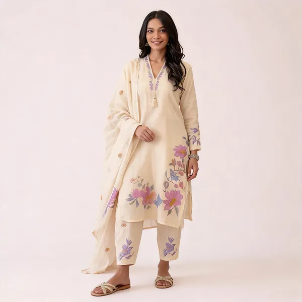 White_Cotton_Rayon_Floral_Print_Straight_Kurta_Set_For_Women