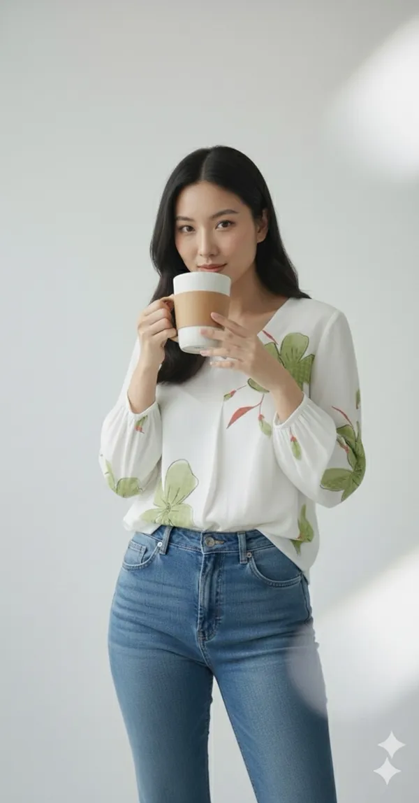 White_Cotton_Rayon_Floral_Print_V_Neck_Puff_Sleeve_Top_For_Women