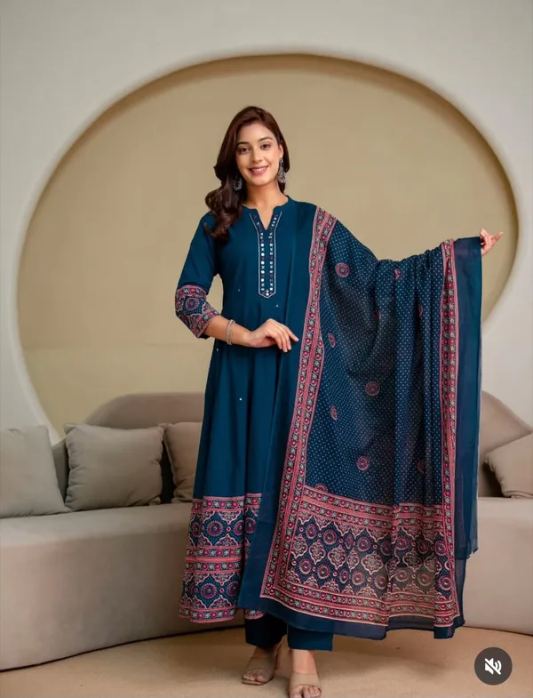 Blue_Cotton_Rayon_Printed_Anarkali_Kurta_With_Pant_And_Dupatta_For_Women
