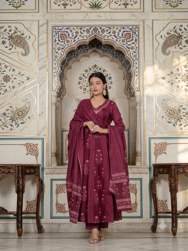 Maroon_Cotton_Rayon_Printed_Anarkali_Kurta_Set_For_Women