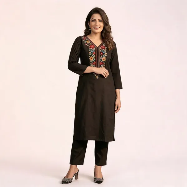 Black_Cotton_Rayon_Straight_Fit_Embroidered_Kurta_With_Pants_For_Women