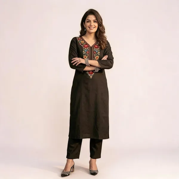 Black_Cotton_Rayon_Straight_Fit_Embroidered_Kurta_With_Pants_For_Women
