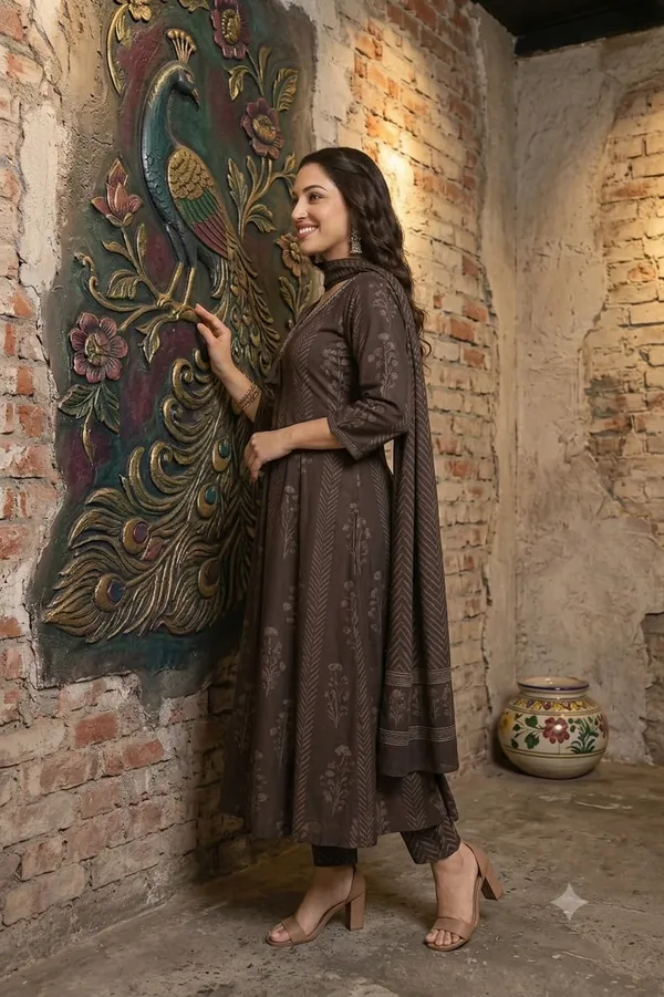Brown_Cotton_Rayon_Printed_Anarkali_Kurta_With_Pants_And_Dupatta_For_Women
