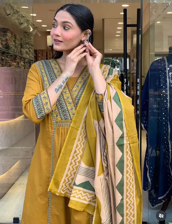 Mustard_Cotton_Rayon_Embroidered_Kurta_Palazzo_Set_With_Printed_Dupatta_For_Women
