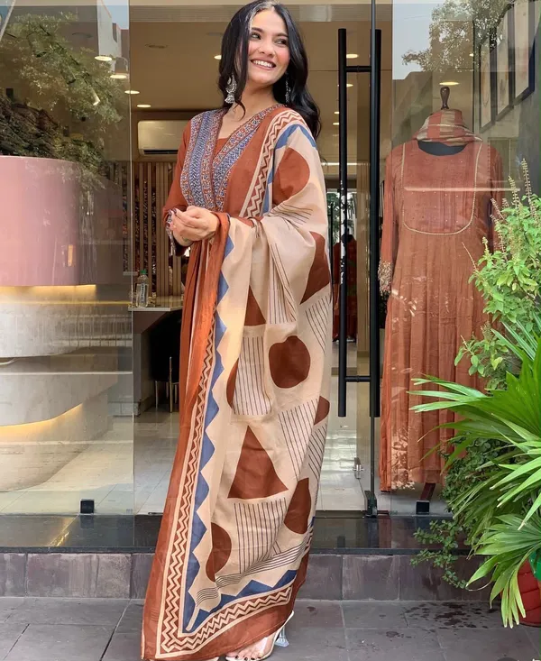 Rust_Cotton_Rayon_Embroidered_Anarkali_Kurta_Set_With_Printed_Dupatta_For_Women