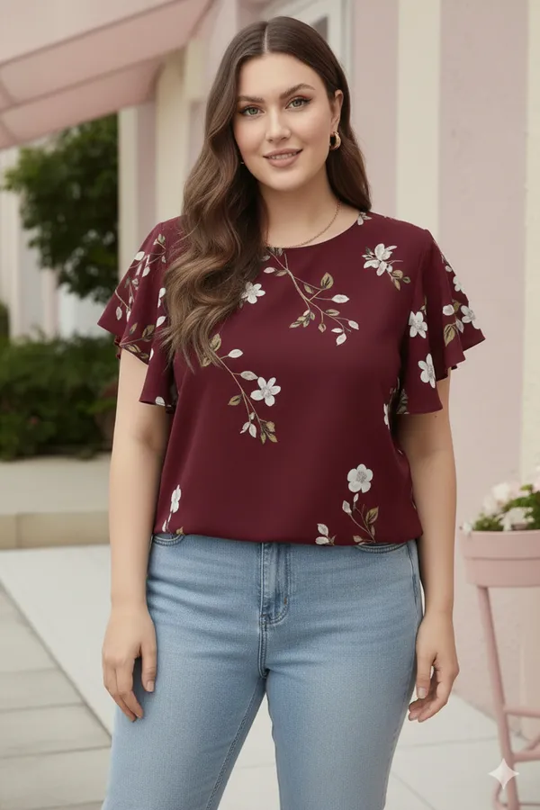 Maroon_Cotton_Rayon_Floral_Print_Flutter_Sleeve_Top_For_Women