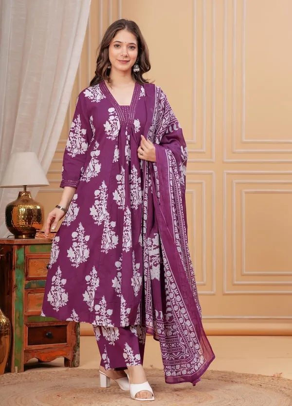 Purple_Cotton_Rayon_Floral_Print_Anarkali_Kurta_Set_For_Women