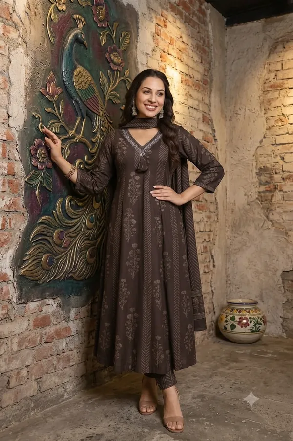 Brown_Cotton_Rayon_Printed_Anarkali_Kurta_With_Pants_And_Dupatta_For_Women