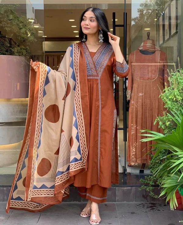 Rust_Cotton_Rayon_Embroidered_Anarkali_Kurta_Set_With_Printed_Dupatta_For_Women