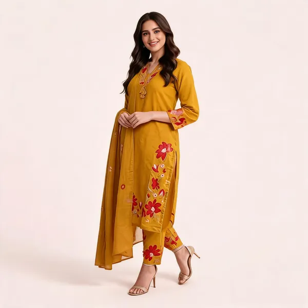Yellow_Cotton_Rayon_Floral_Embroidered_Straight_Kurta_Set_For_Women