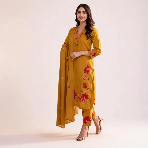 Yellow_Cotton_Rayon_Floral_Embroidered_Straight_Kurta_Set_For_Women