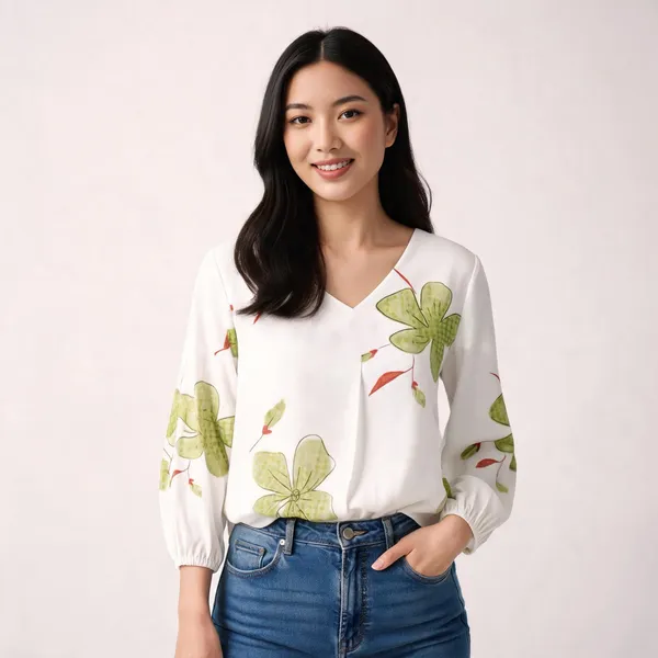 White_Cotton_Rayon_Floral_Print_V_Neck_Puff_Sleeve_Top_For_Women