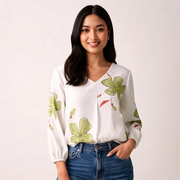 White_Cotton_Rayon_Floral_Print_V_Neck_Puff_Sleeve_Top_For_Women