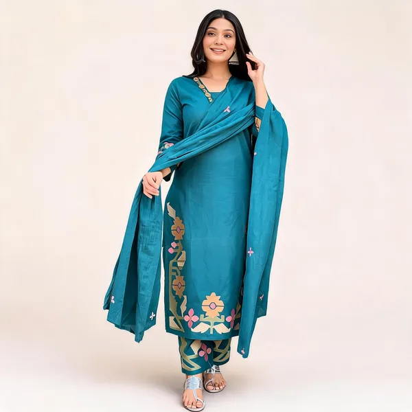 Teal_Cotton_Rayon_Embroidered_Straight_Kurta_Set_With_Dupatta_For_Women