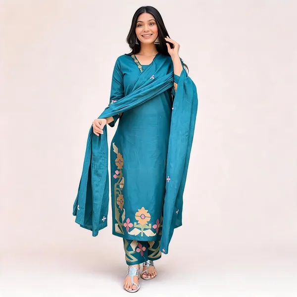 Teal_Cotton_Rayon_Embroidered_Straight_Kurta_Set_With_Dupatta_For_Women