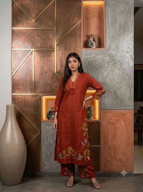 Rust_Cotton_Rayon_Floral_Embroidered_Straight_Kurta_With_Pants_For_Women