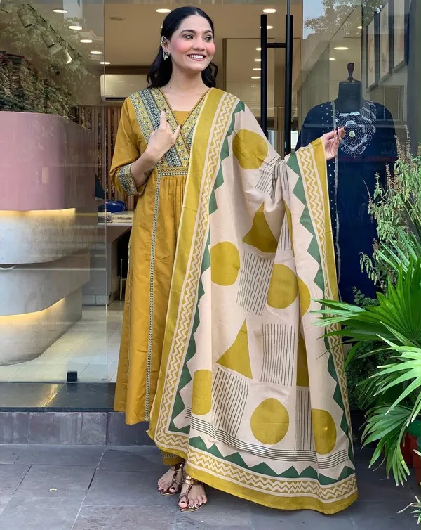Mustard_Cotton_Rayon_Embroidered_Kurta_Palazzo_Set_With_Printed_Dupatta_For_Women