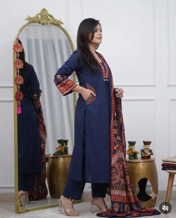 Navy_Blue_Cotton_Rayon_Straight_Fit_Kurta_Set_With_Ajrakh_Print_Dupatta_For_Women