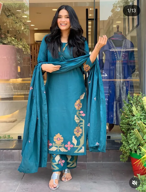 Teal_Cotton_Rayon_Embroidered_Straight_Kurta_Set_With_Dupatta_For_Women