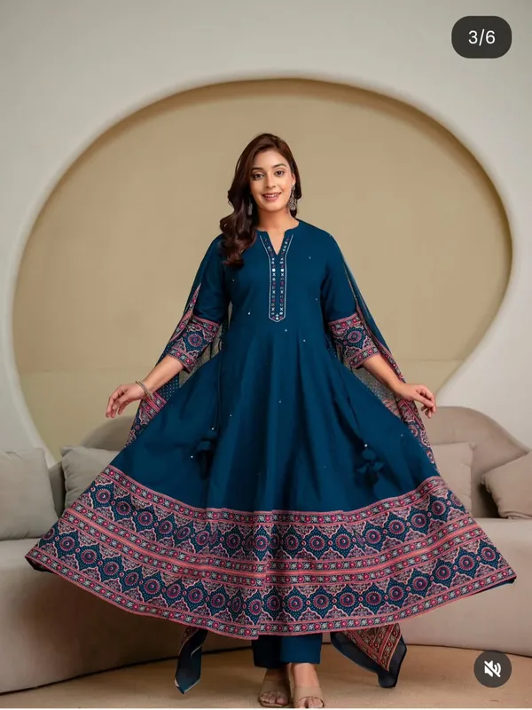 Blue_Cotton_Rayon_Printed_Anarkali_Kurta_With_Pant_And_Dupatta_For_Women