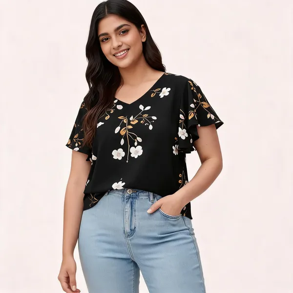 Black_Cotton_Rayon_Floral_Print_V_Neck_Ruffle_Sleeve_Top_For_Women
