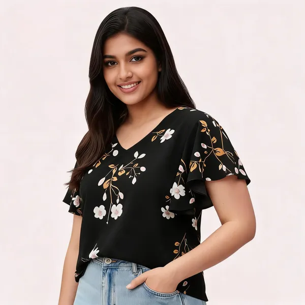 Black_Cotton_Rayon_Floral_Print_V_Neck_Ruffle_Sleeve_Top_For_Women