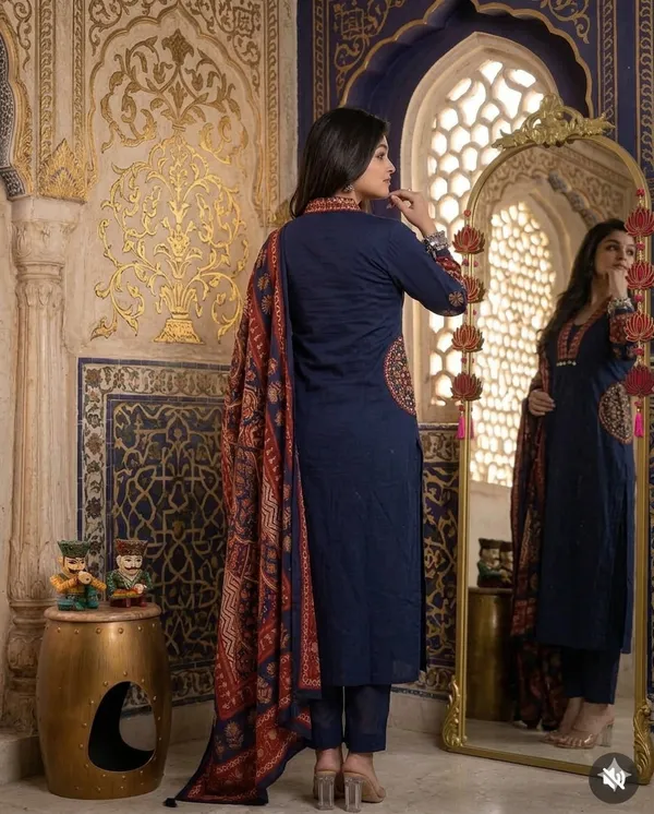 Navy_Blue_Cotton_Rayon_Straight_Fit_Kurta_Set_With_Ajrakh_Print_Dupatta_For_Women