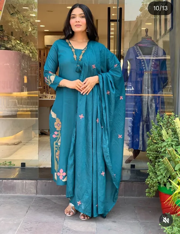 Teal_Cotton_Rayon_Embroidered_Straight_Kurta_Set_With_Dupatta_For_Women