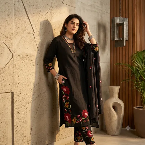 Black_Cotton_Rayon_Floral_Embroidered_Kurta_Palazzo_Set_With_Dupatta_For_Women