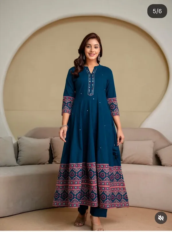 Blue_Cotton_Rayon_Printed_Anarkali_Kurta_With_Pant_And_Dupatta_For_Women